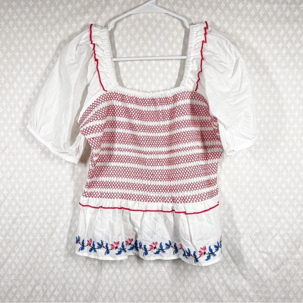 Draper James NWT‎ White Red Camellia Embroidered Peplum Top